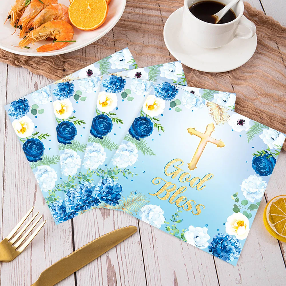 Faith-Religious Napkins, Cross Paper Napkins, God Bless Flower, Disposable, First Communion, Holy Christening, Blue