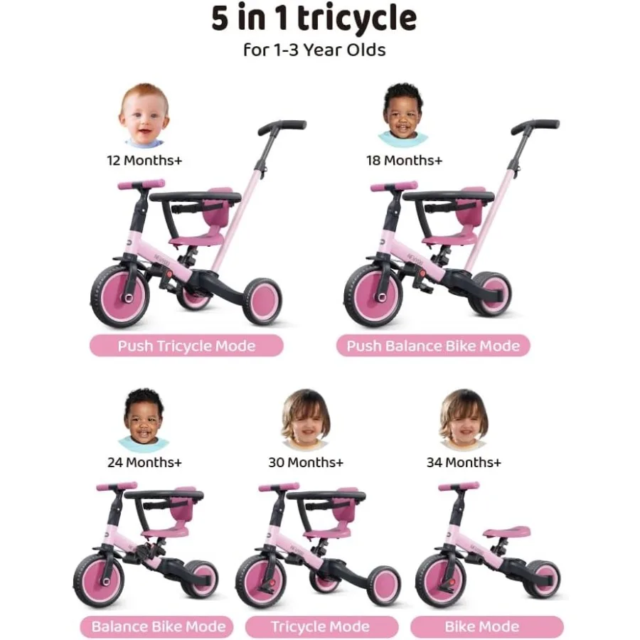 Triciclo para niños pequeños de 1 a 3 años, bicicleta para niños pequeños, triciclo 5 en 1 con mango de empuje, regalo de Navidad y cumpleaños y juguete para niñas, convertir t