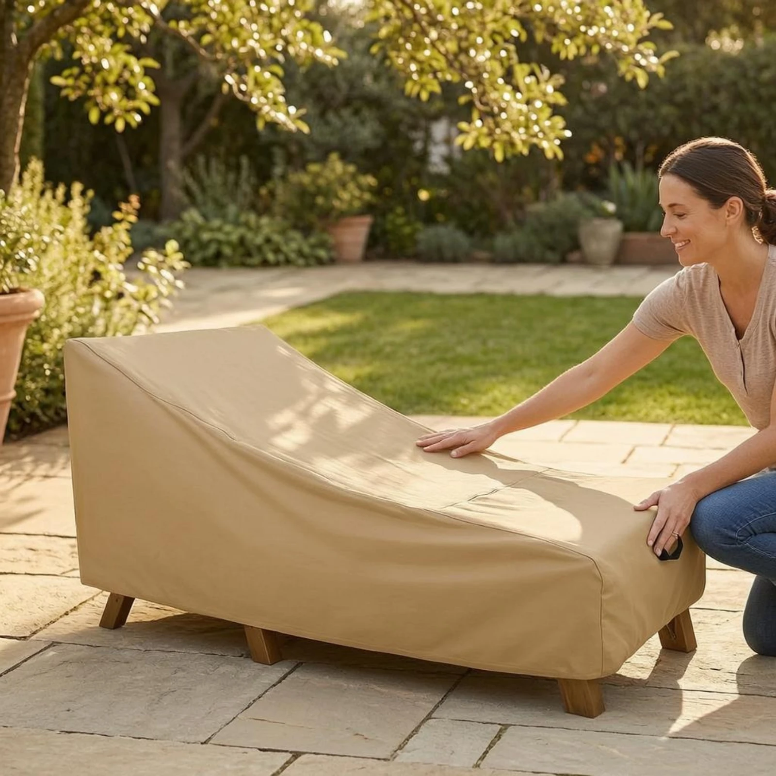 Patio Chaise Lounge Cover Khaki Chaise Lounge Cover Shielding Slipcover Tailored Fit Outdoor Protection Sloped Top view 2