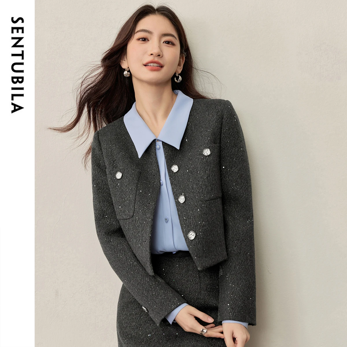 

SENTUBILA Jacket For Women Fashion Xiaoxiangfeng O-Neck Woolen Coat Sequin Long Sleeved Loose Tops 153WA2012