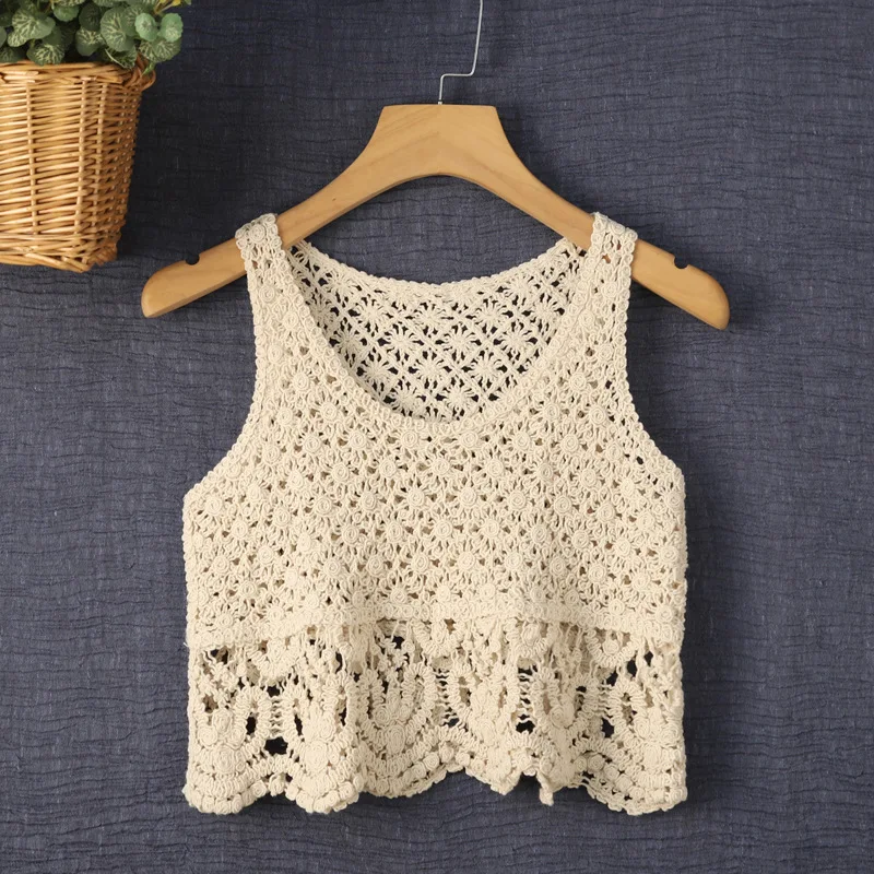 Crocheted Lace Women'S Western Style Summer Wear Short Cotton Thread All-Match Flower Age-Reducing Outer Vest