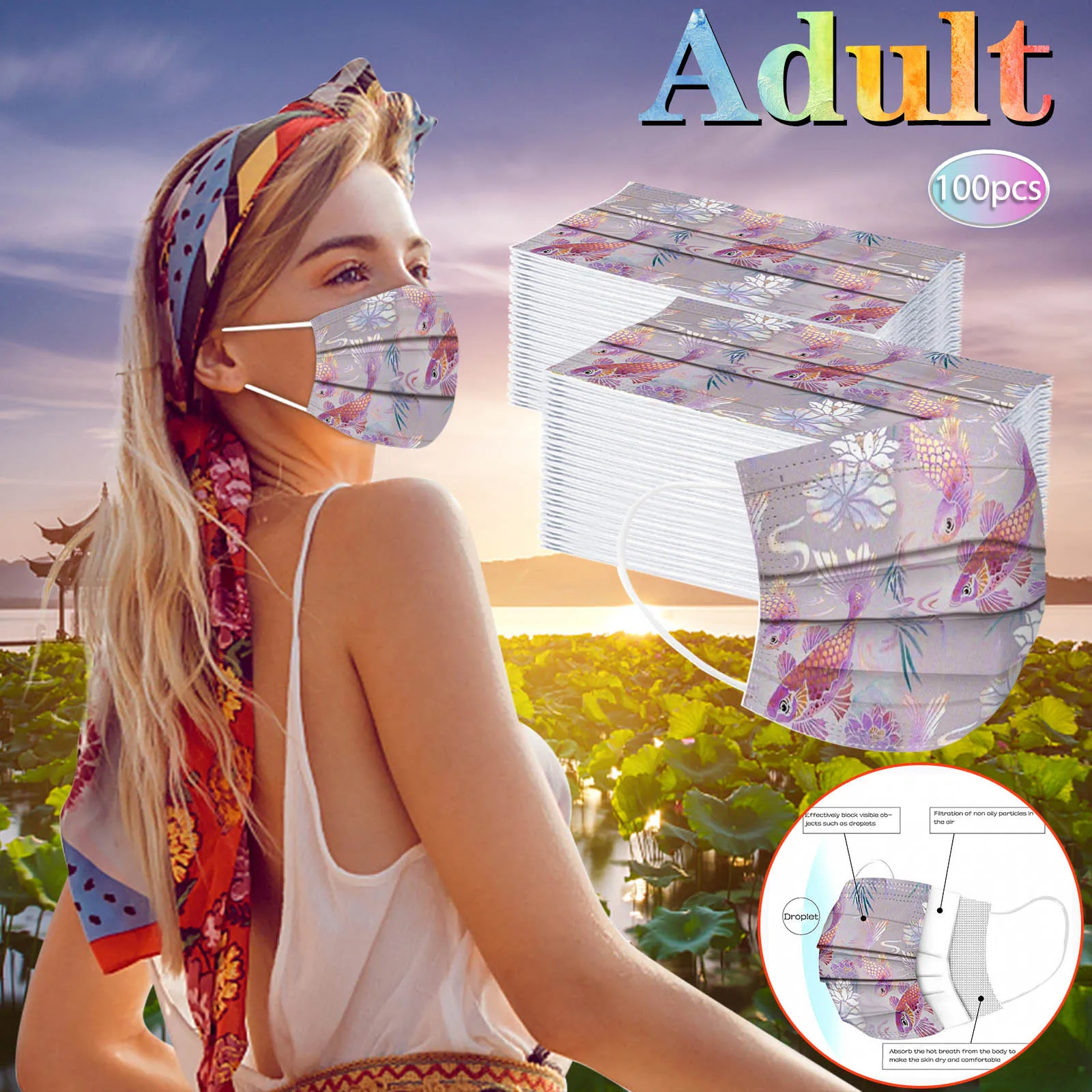 100 Pcs Adult Disposable Protective Mask Multi Layer Cotton Filter Design Face Mask Trendy Printed Pattern Fashion Casual Mask