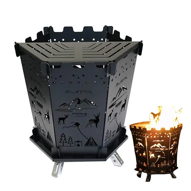 Camping Bonfire Rack Folding Fire Pit Portable Firewood Stove Hexagonal Hollow Campfire Furnace Outdoor Heating Stove For Camp