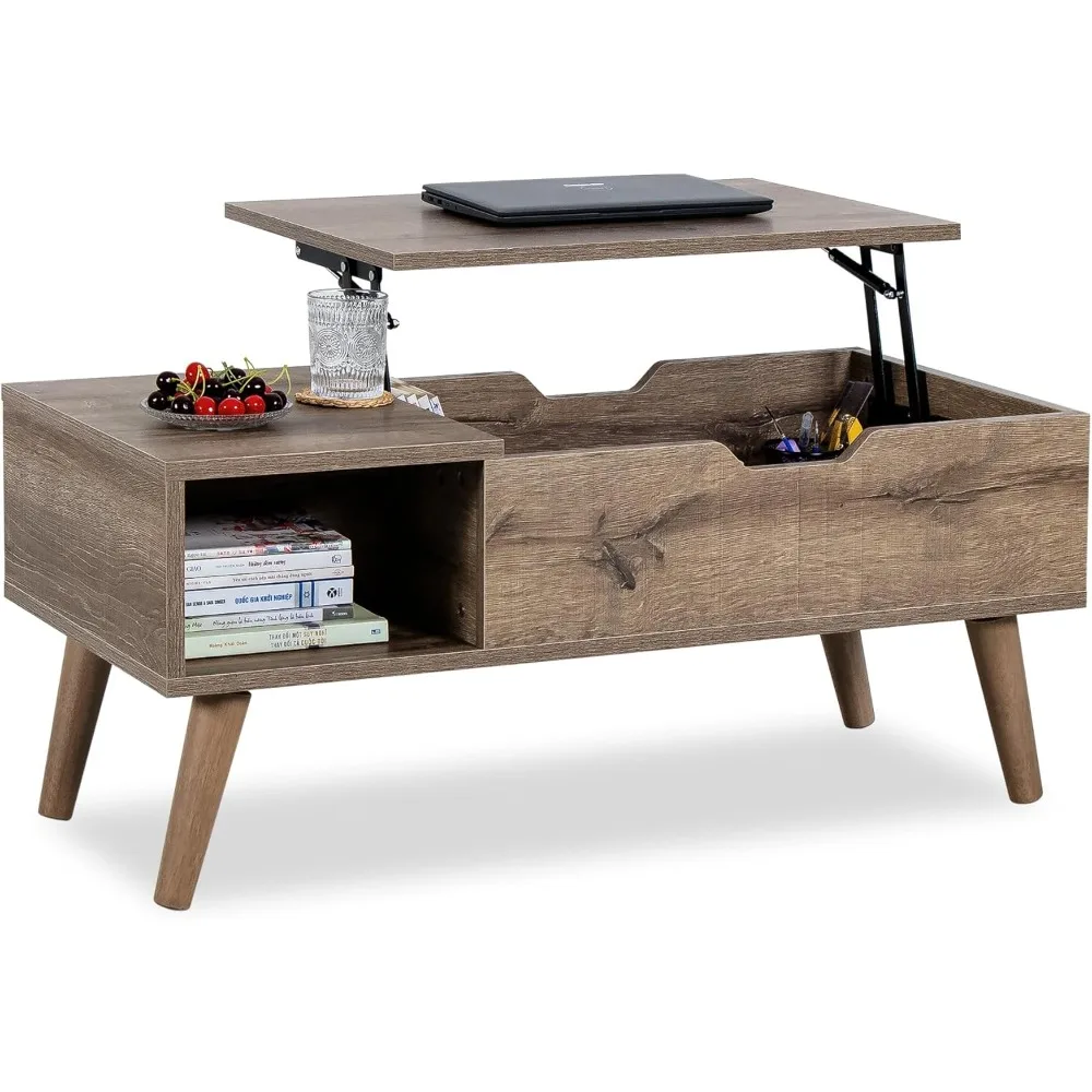 Lift-Top Coffee Table with Hidden Storage and 2 Open Cubbies, Coffee Table with Storage for Living Room, Center Table for Living