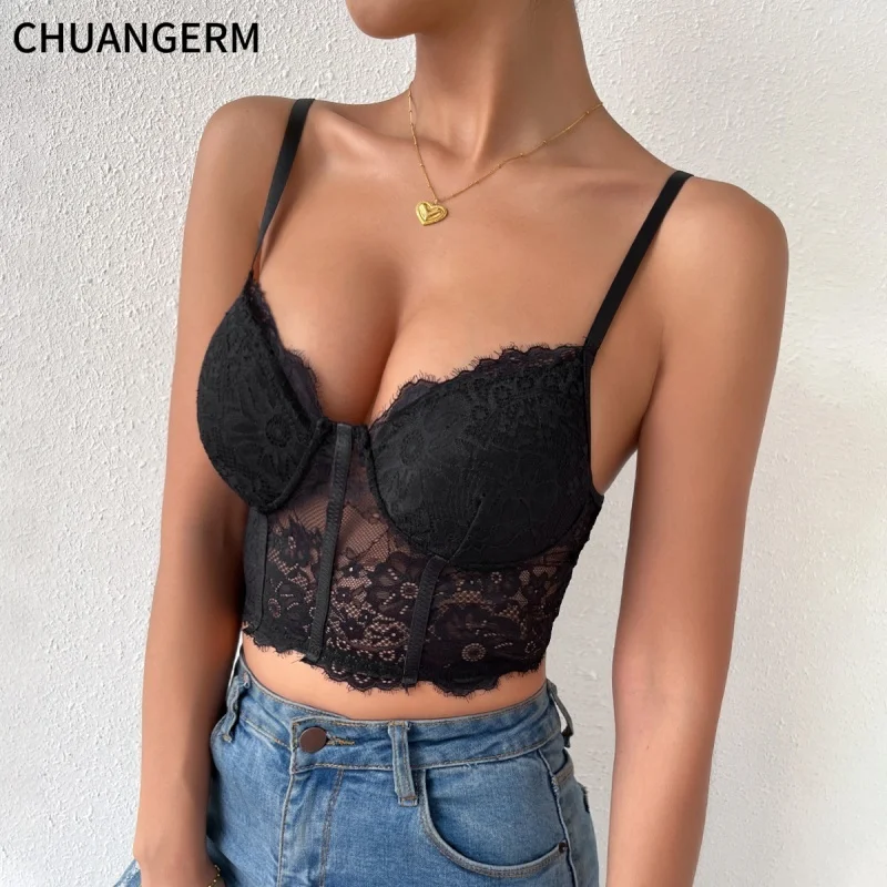 CHUANGERM Women Lace Camisole Hollow Out Vest Bralette Party Wear Lace Up Spicy Girl Street Corset Sexy Tank Top