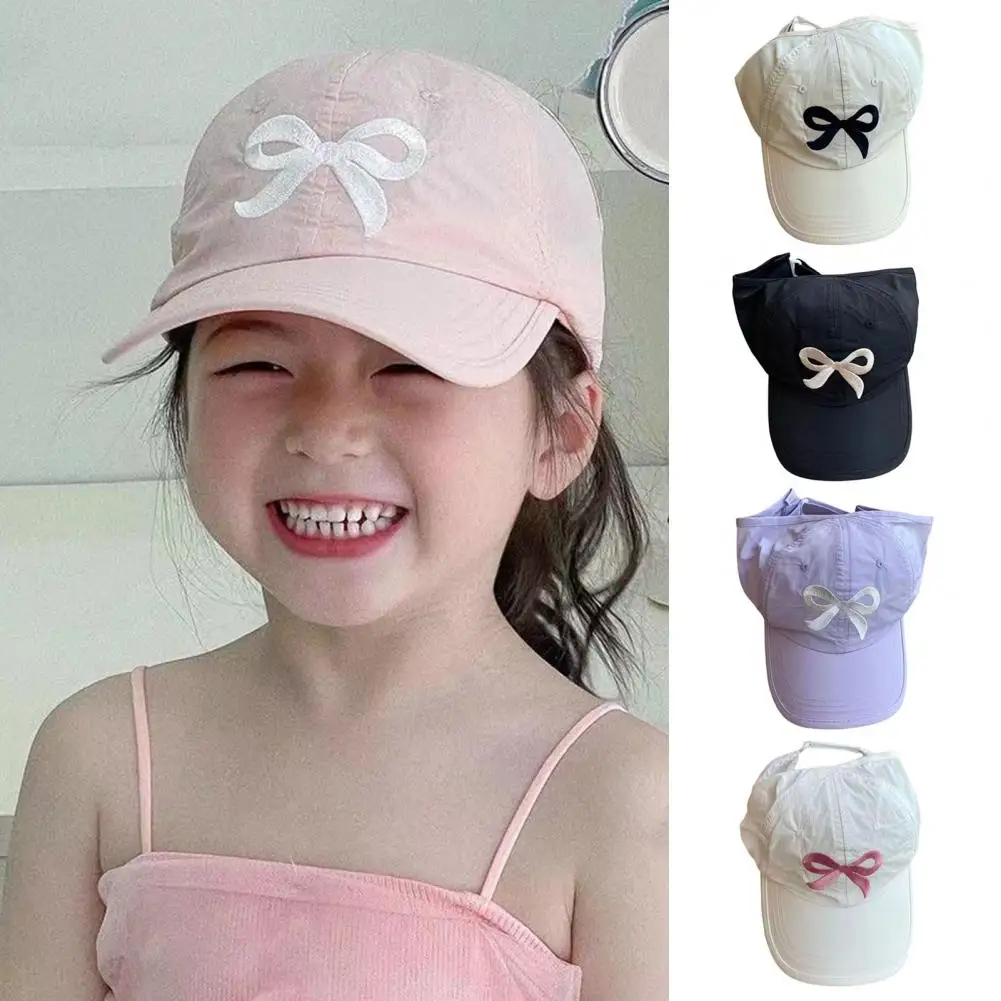

Children Baseball Hat Bow Embroidery Anti-UV Sunshade Long Brim Ponytail Hole Girls Cap Outdoor Hiking Outings School Peaked Hat