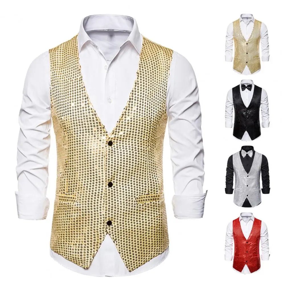 Men Vest Bow Tie Set Shiny Sequin Steampunk Single-breasted Sleeveless Pockets Retro Disco Groom Wedding Party Waistcoat