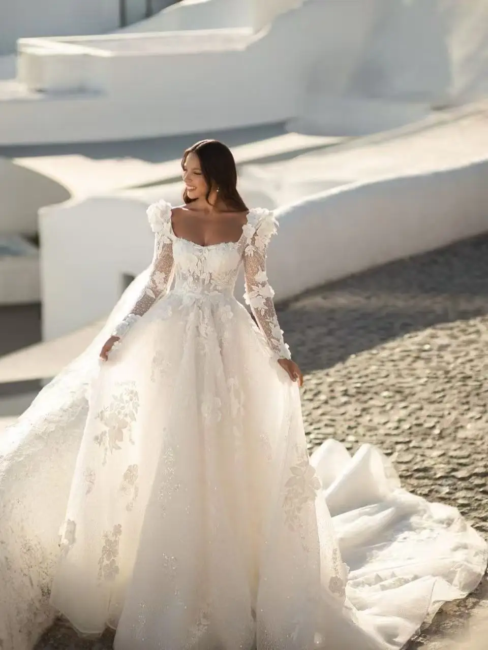 Maßgeschneidertes Brautkleid mit Pailletten und Perlen, Langen Ärmeln, Sweetheart-Ausschnitt, 3D-Blumenapplikationen, Prinzessinnen-Hochzeitskleid, Vestido De Noiva – Detail 5