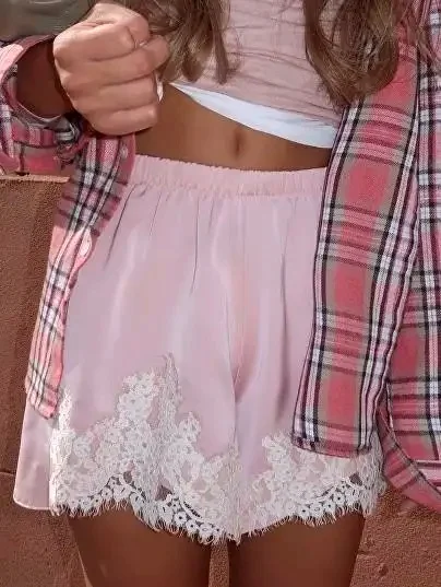 Cute Satin Silk Lace Trim Boxer Shorts for Women
