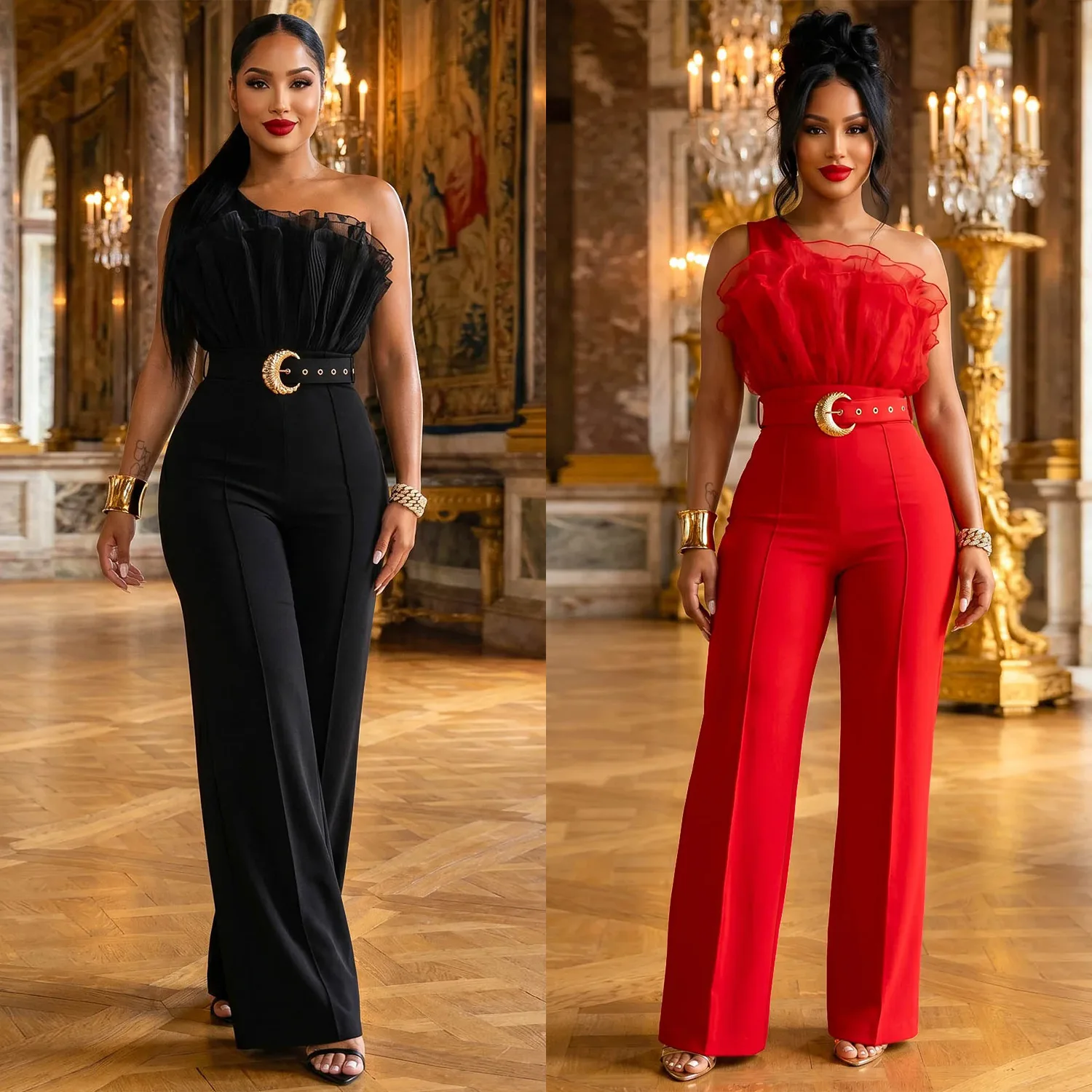 Light Luxury Mesh Diagonal Jumpsuits Women Shoulder High Waist Wide Leg Pants Crescent Buckle Banquet Jumpsuit Y2K
