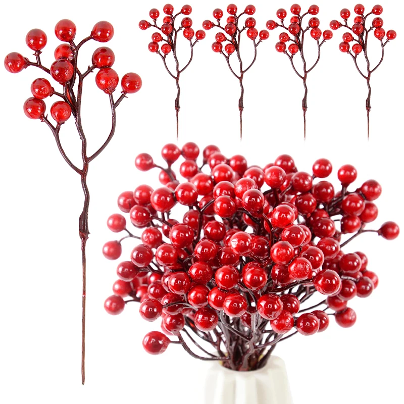 5/10pcs Christmas Red Berries Branch Artificial Flower Foam Berry Stamen Xmas Tree Home Decor DIY Christmas Wreath New Year Gift