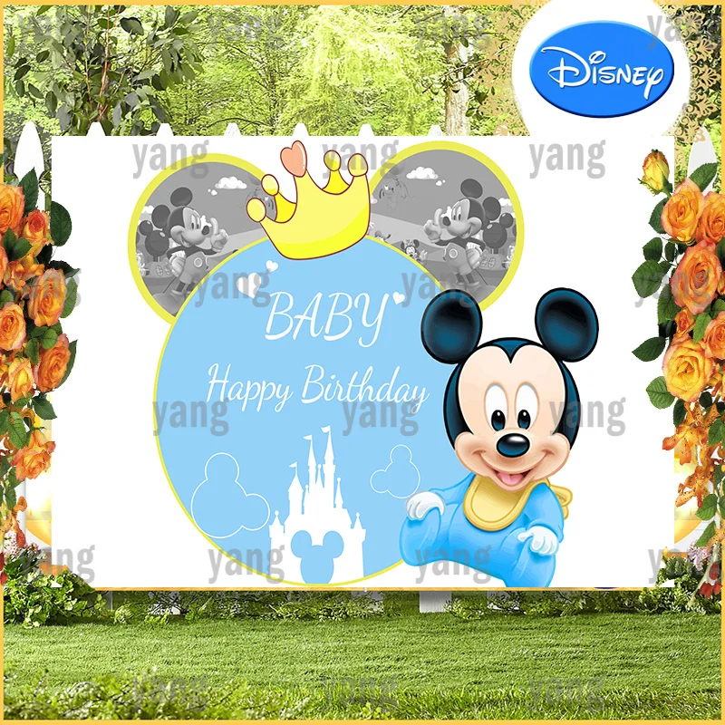 Cute Cartoon Custom Disney Lovely Baby Mickey Mouse Golden Grown Blue Backdrop Birthday Party Decoration Photography Background