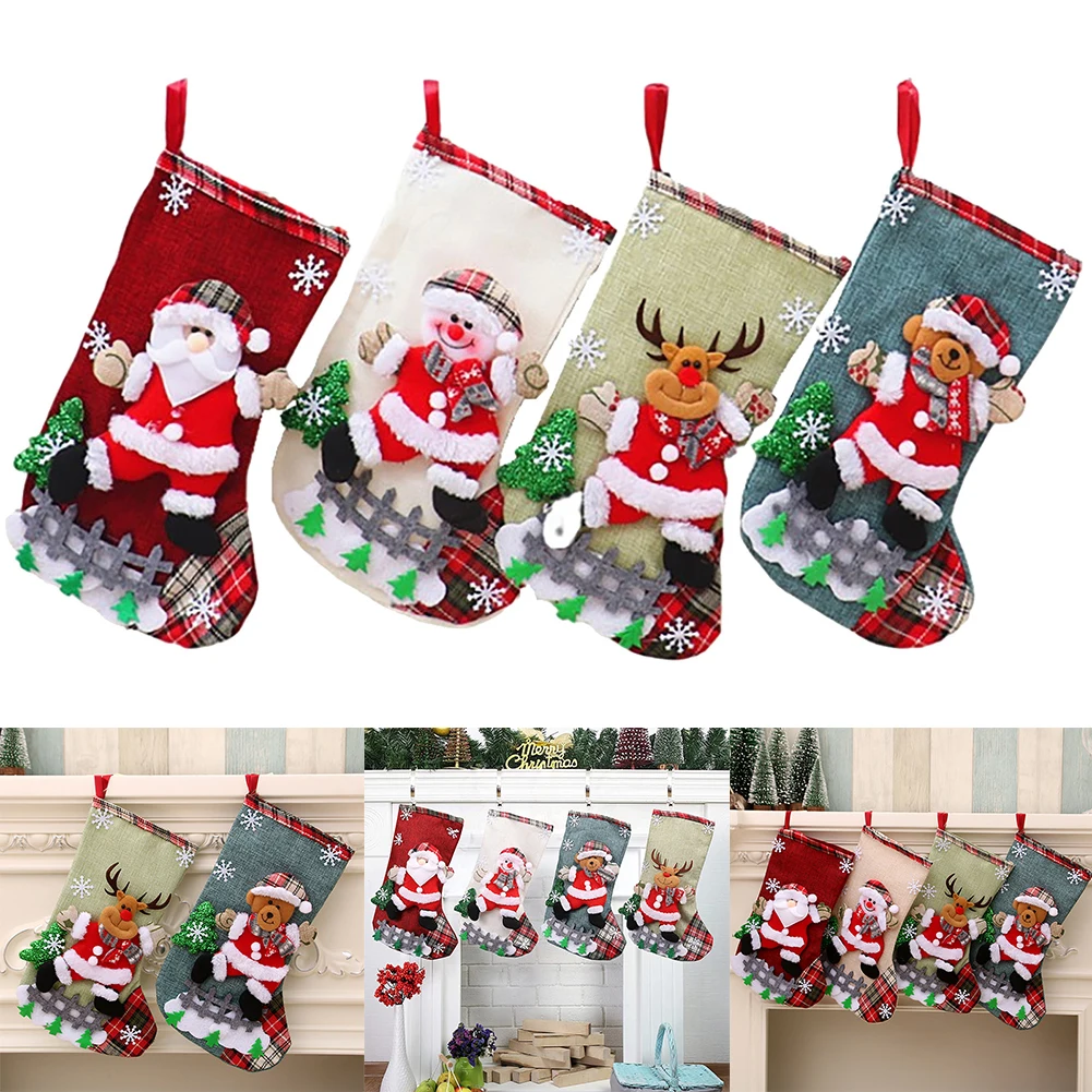 4Pcs Christmas Stockings Set Large Capacity Christmas Ornament Sock Plush Santa Claus/Snowman/Bear/Elk for Home Classroom Party