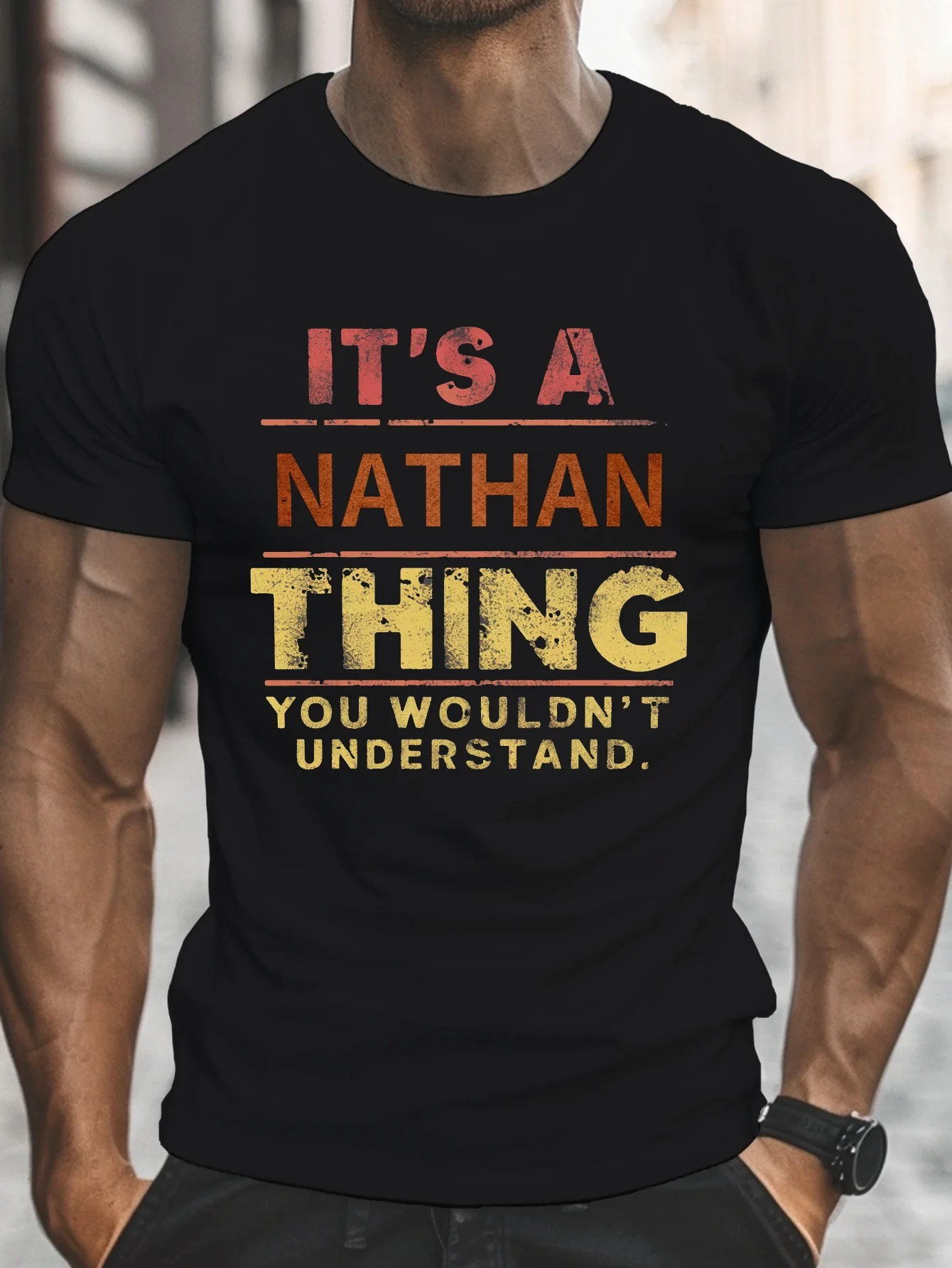 เสื้อยืดผู้ชายผ้าฝ้ายแท้ เสื้อเชิ้ตลำลอง คอกลม รุ่นปกติ ผ้าถัก ลายเนธาน พิมพ์ สวมใส่ทุกวัน