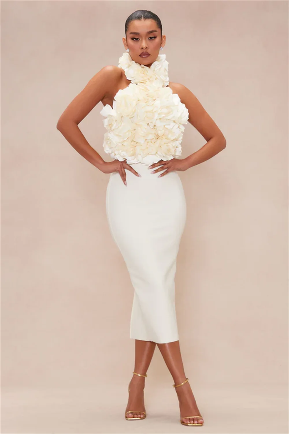 2025 หรูหราผ้าพันคอผู้หญิงสีขาว Rose ดอกไม้ Halter Patchwork Midi ลูกวัวยาววันเกิดคนดังชุดราตรี Gowns