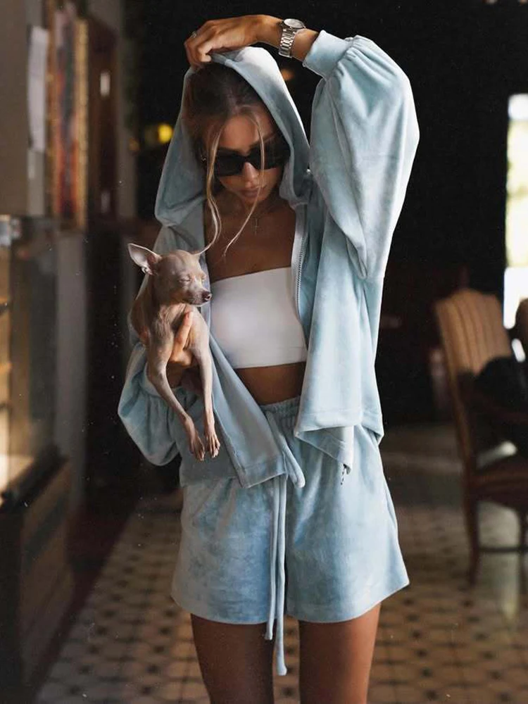 Spring Autumn Plush Jumper Shorts Suit Women Long Sleeves Hooded Tops+high Waist Drawstring Wide Leg Shorts Female Two Piece Set