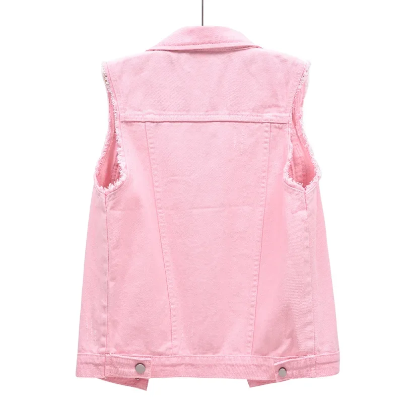 Jaket Rompi Tanpa Lengan Wanita Merah Muda, Mantel Rompi Kerah Kancing Sebaris Mantel Rompi Atasan Kasual Modis Ukuran Asia