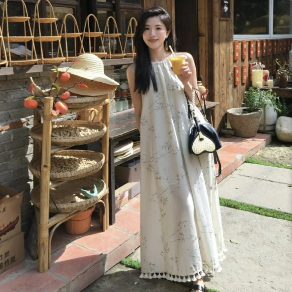 

Fashion Loose Floral Skinny Strap Dress Apricot A-line Sleeveless Long Dress Chinese Style Tassel Beach Vacation Sundress Summer