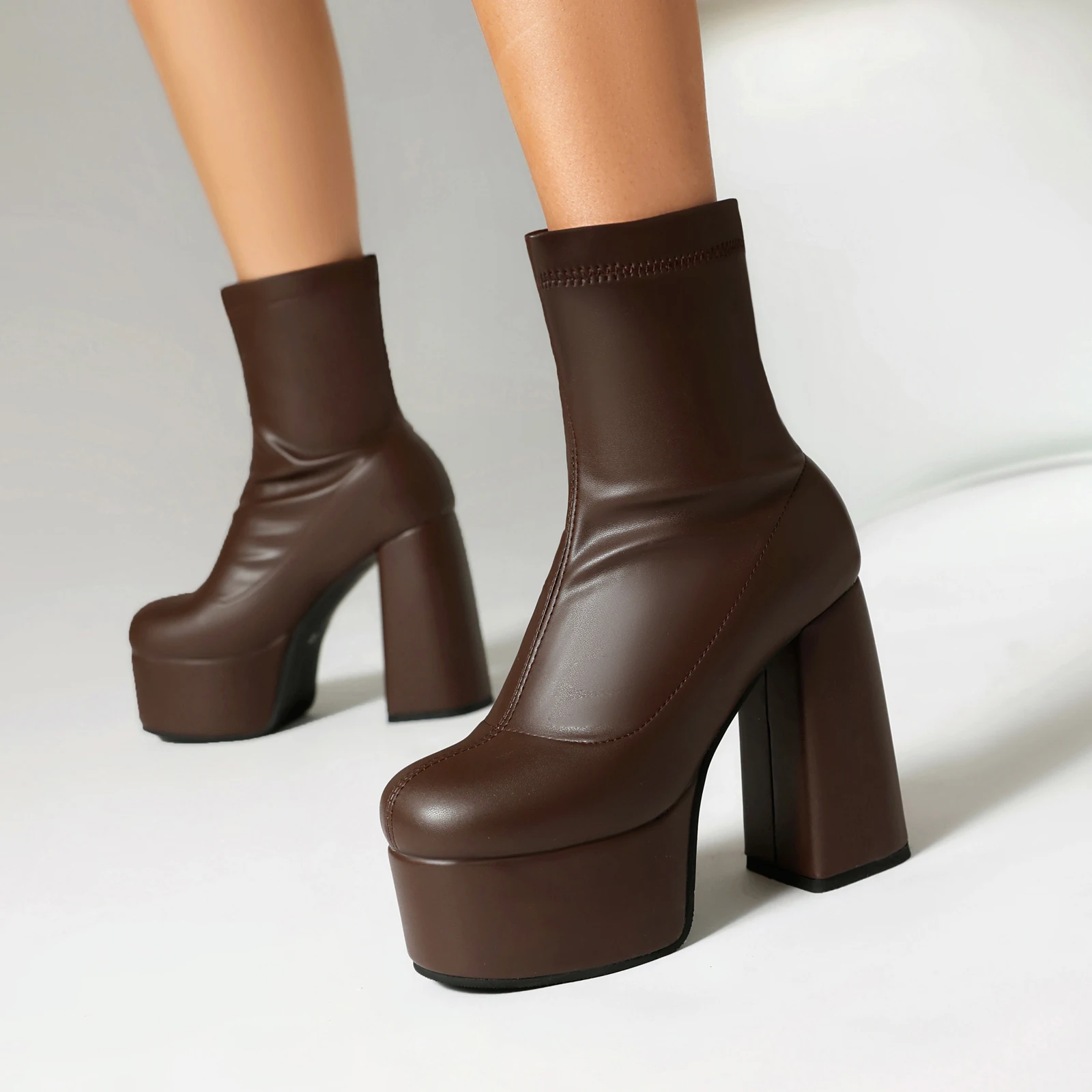 Stretch Platform Boots Women's Gold Silver Shoes Ankle Boots Block High Heels Solid Sexy 2024 Autumn Winter PU Footwear