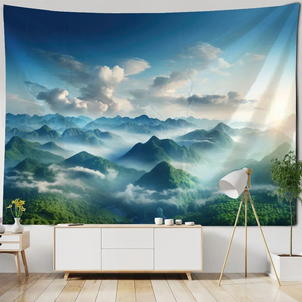 Misty natural scenery tapestry, white clouds and mountains landscape room decoration, hanging cloth, large-sized tapestry