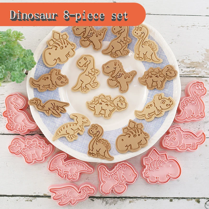 8 Pcs/set Cookie Cutters Plastic 3D Dinosaur Shape Cartoon Pressable Biscuit Mold Cookie Stamp Kitchen Baking Pastry Bakeware