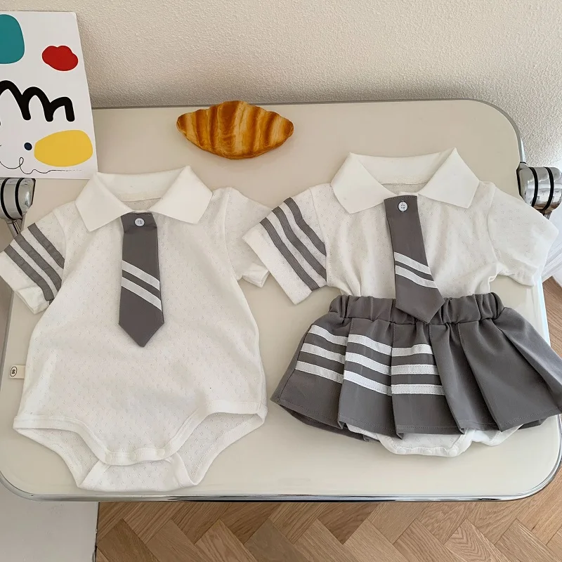 

INS Summer Baby Romper 0-2Years Newborn Boy Short Sleeve Bowtie Cotton Bodysuit Top Infant Girl Pleated Skirt 2PCS Separate Suit