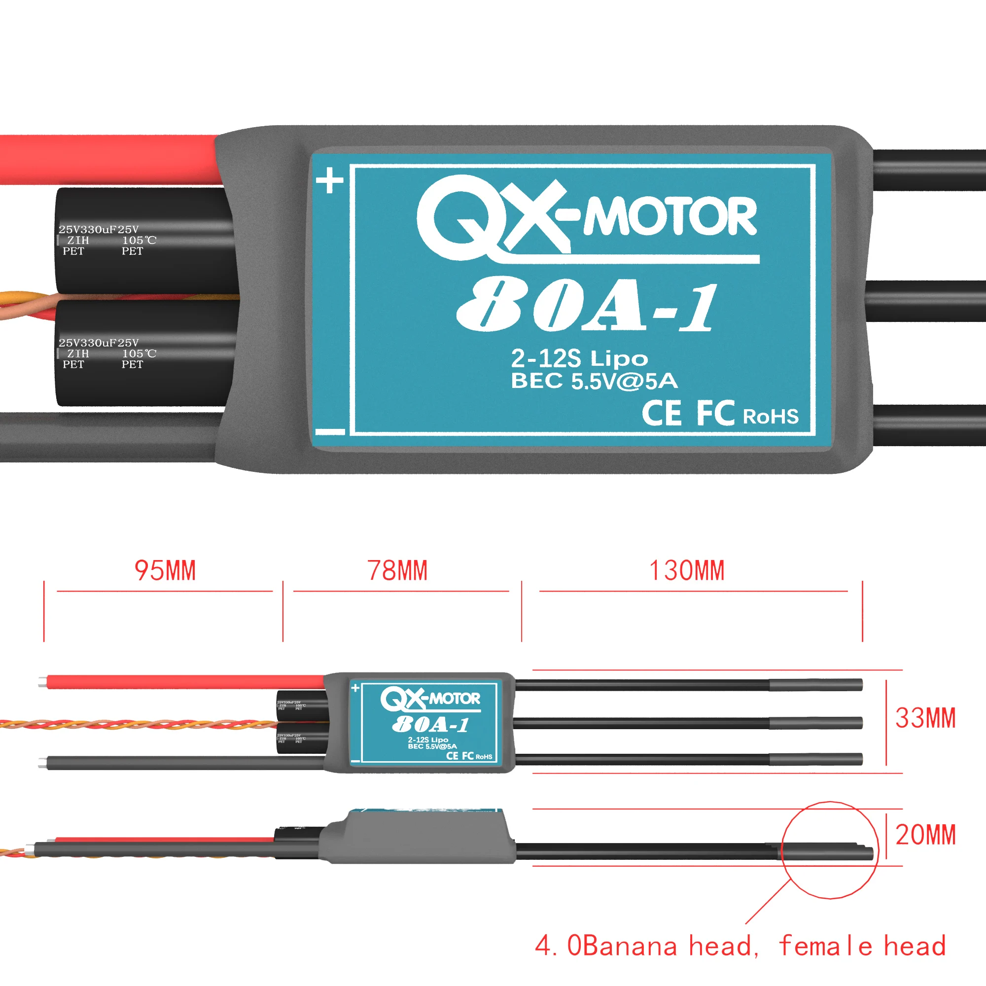 

QX-MOTOR 80A 2-12S Brushless ESC with BEC 5.5V/5A for Brushless Motor Suitable for Toys Model Airplane