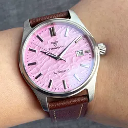 Reloj mecánico automático NH35A Vintage de 39mm para hombre, estilo piloto, esfera rosa, azul y negra, correa de cuero de zafiro resistente al agua 20ATM, nuevo