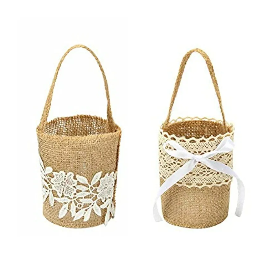 

2 Pcs Burlap Flower Basket Wedding Candy Gift Basket for Wedding Ceremony Party Christmas