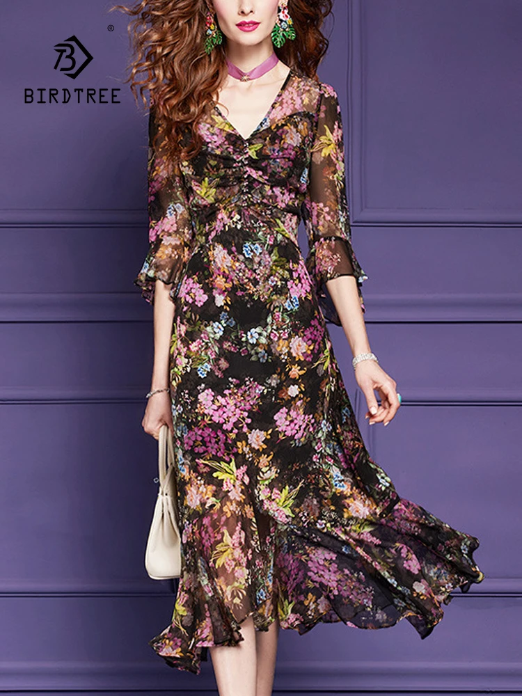 

BirdTree, 100%Real Silk Elegant Dresses, Women V Neck Flare Sleeve Flower, French Temperament OL Dress, 2024 Summer D45426QC