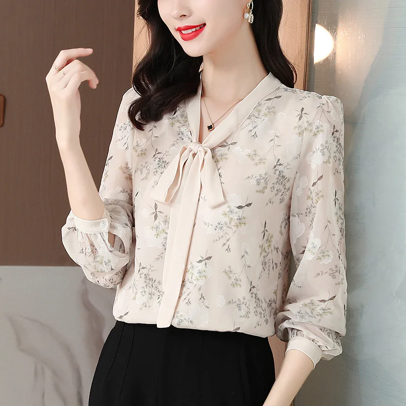 #2527 Flower Printed Chiffon Blouse Women Bow Collar Vintage Blouses Ladies Long Sleeve Office Retro Womens Blouses And Tops