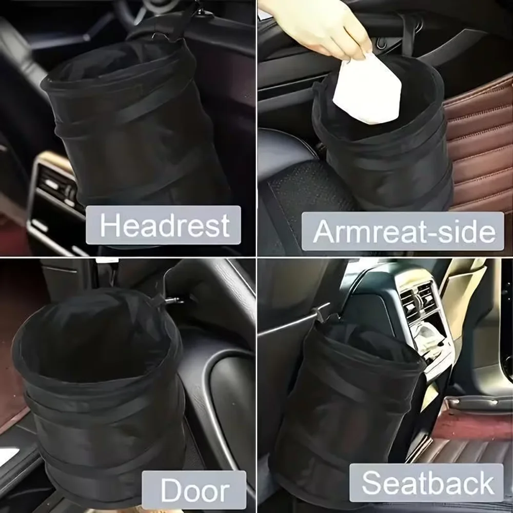 سلة مهملات السيارة منبثقة سوداء صغيرة قابلة للطي، سلة قمامة معلقة مقاومة للماء مع شريط فيلكرو للتنظيم الداخلي للمركبة