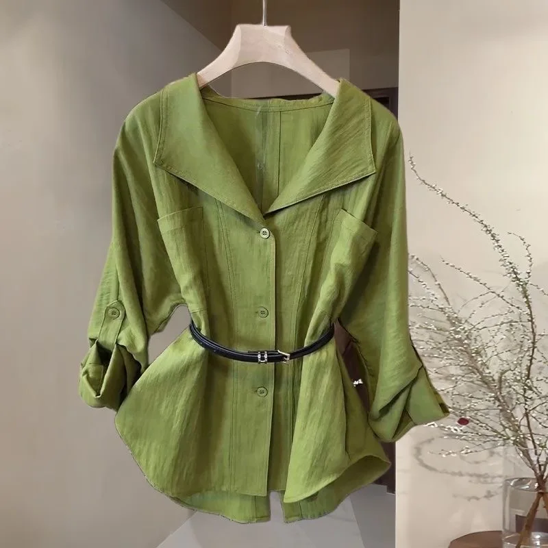 Spring 2026 Women's Loose Fit Shirt Slimming Waist Design  Collar Long Sleeve Breathable Polyester Fashionable Top
