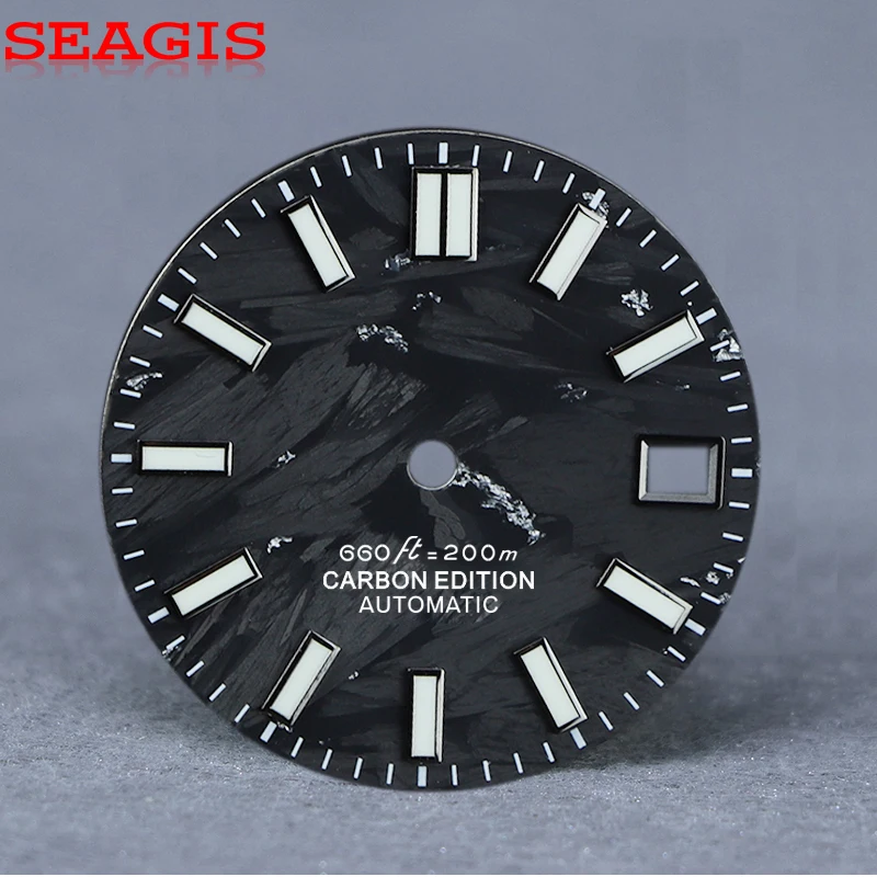 SEAGIS 28.5mm Black Carbon fiber dial NH35 Dial Blue Lume Watch dial No Logo gun gold index Watch Parts Watch Face Accessories