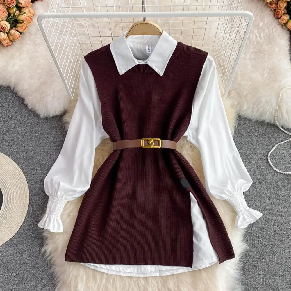 3Pcs/Set Women Shirt Vest Set O-neck Side Slit Knitting Vest Set with Belt Lapel Lantern Long Sleeve Single Breasted Shirt