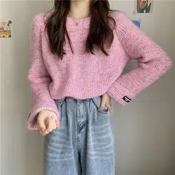 Spring Autumn New Solid Color Pullovers Crew Neck Jacquard Weave Casual Top Versatile Long Sleeve Fashion Loose Women's Sweaters