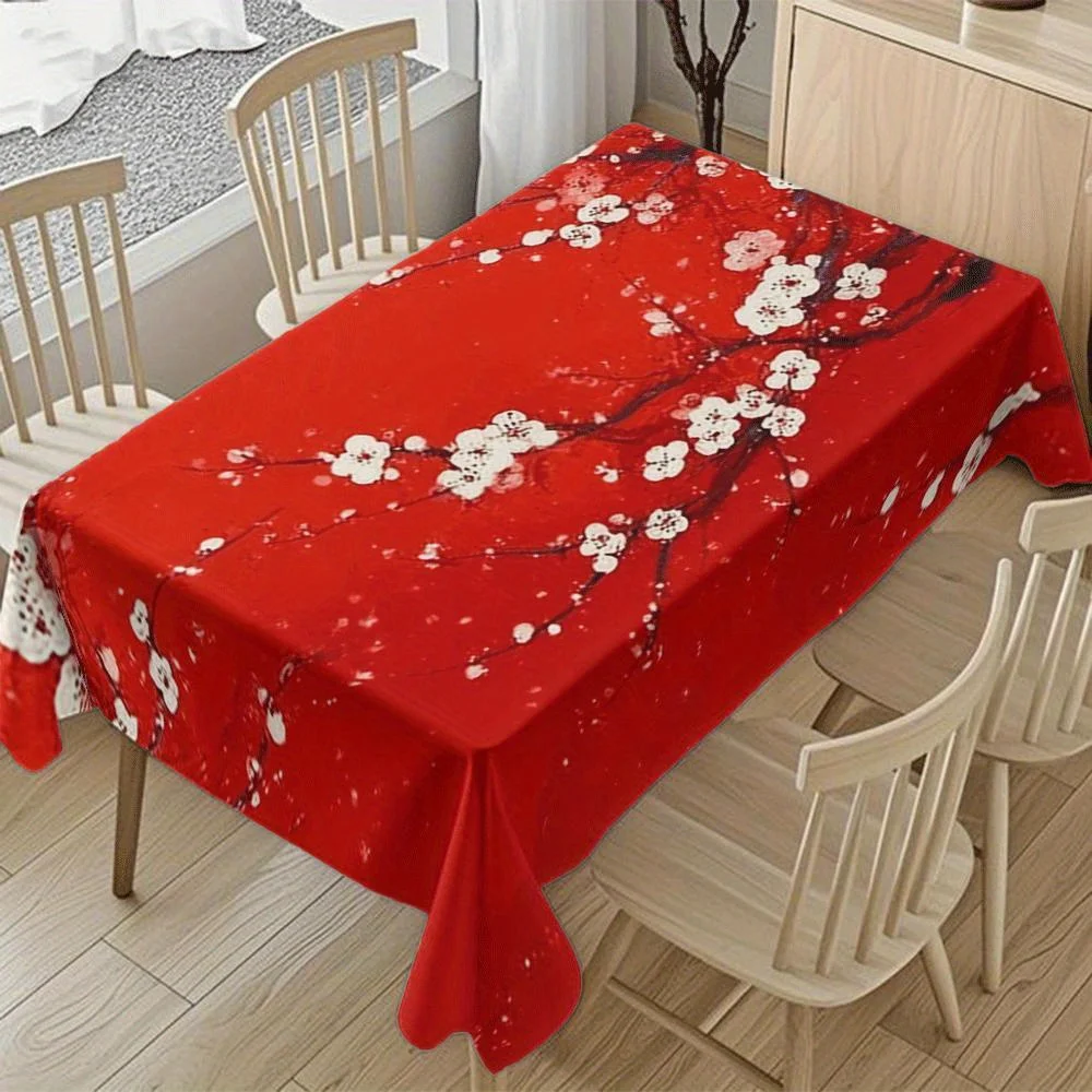 Chinese New Year Waterproof Tablecloth for Table Decor Golden Cherry Blossom Floral Print Table Cloth Holiday Party Decorations