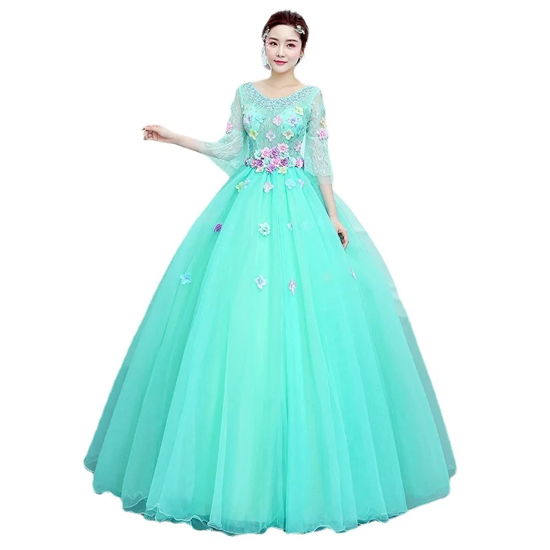 Novo 2025 elegante cinta acima estudante exame de arte vestido palco solo desempenho vestido longo puff saia estúdio vestido fio colorido