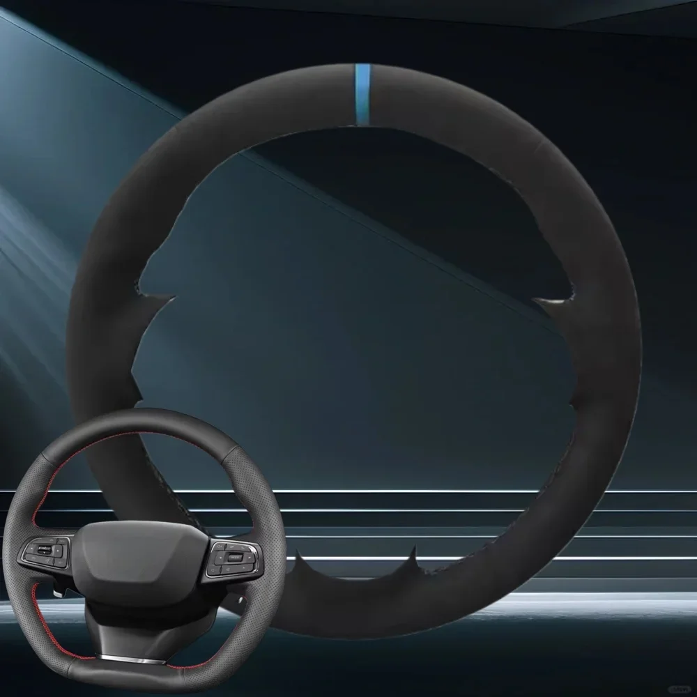 جلد الغزال الأسود مخيط يدويا غطاء عجلة قيادة السيارة عجلة القيادة لشيري تيجو 2 3 7 8 5X IQ QQ اكسسوارات السيارات