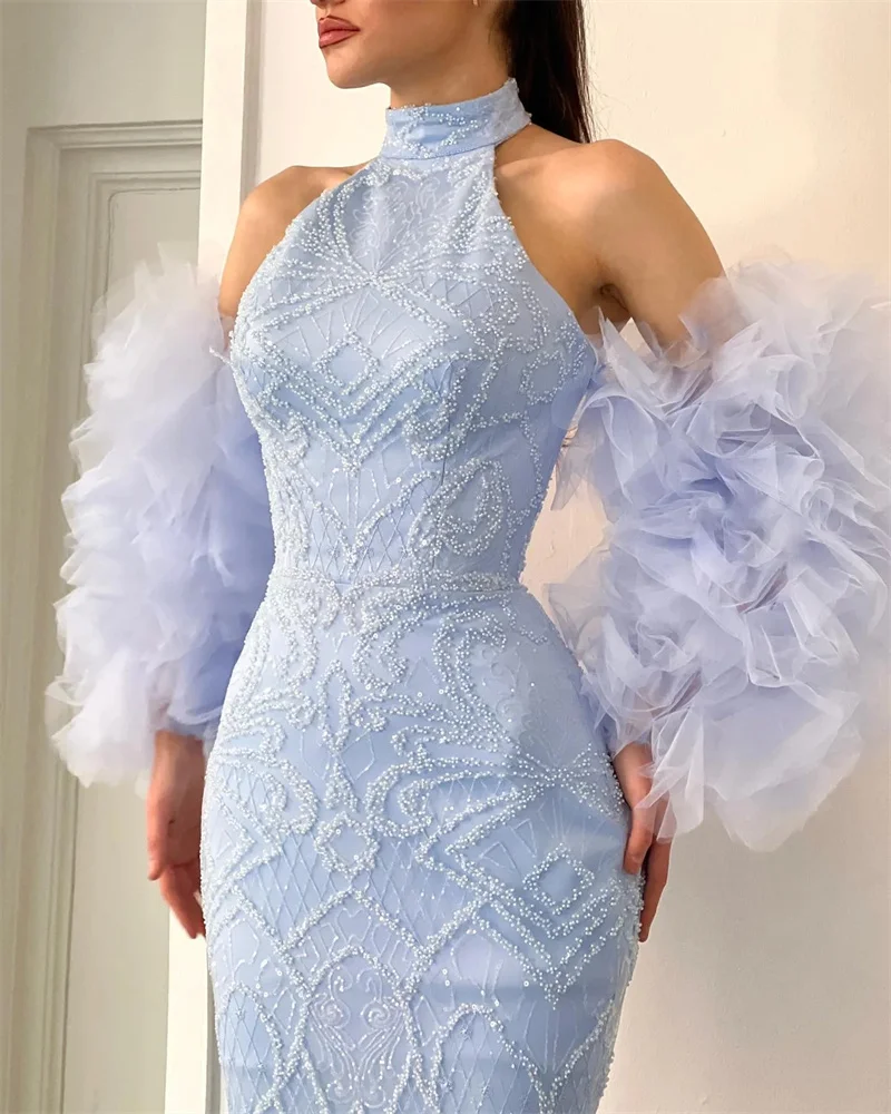 Vestidos de fiesta formales con lentejuelas de encaje, sencillos y elegantes, vestidos de noche modestos de sirena con cuello Halter, vestido de fiesta con manga de tul con volantes