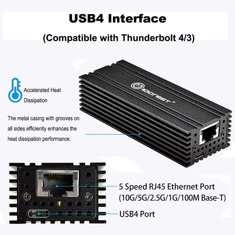 IOCREST USB4 Single Port 10G Network Card Compatible With For Thunderbolt 3/4 RJ45 10GBASE-T Ethernet Adapter Support For Mac