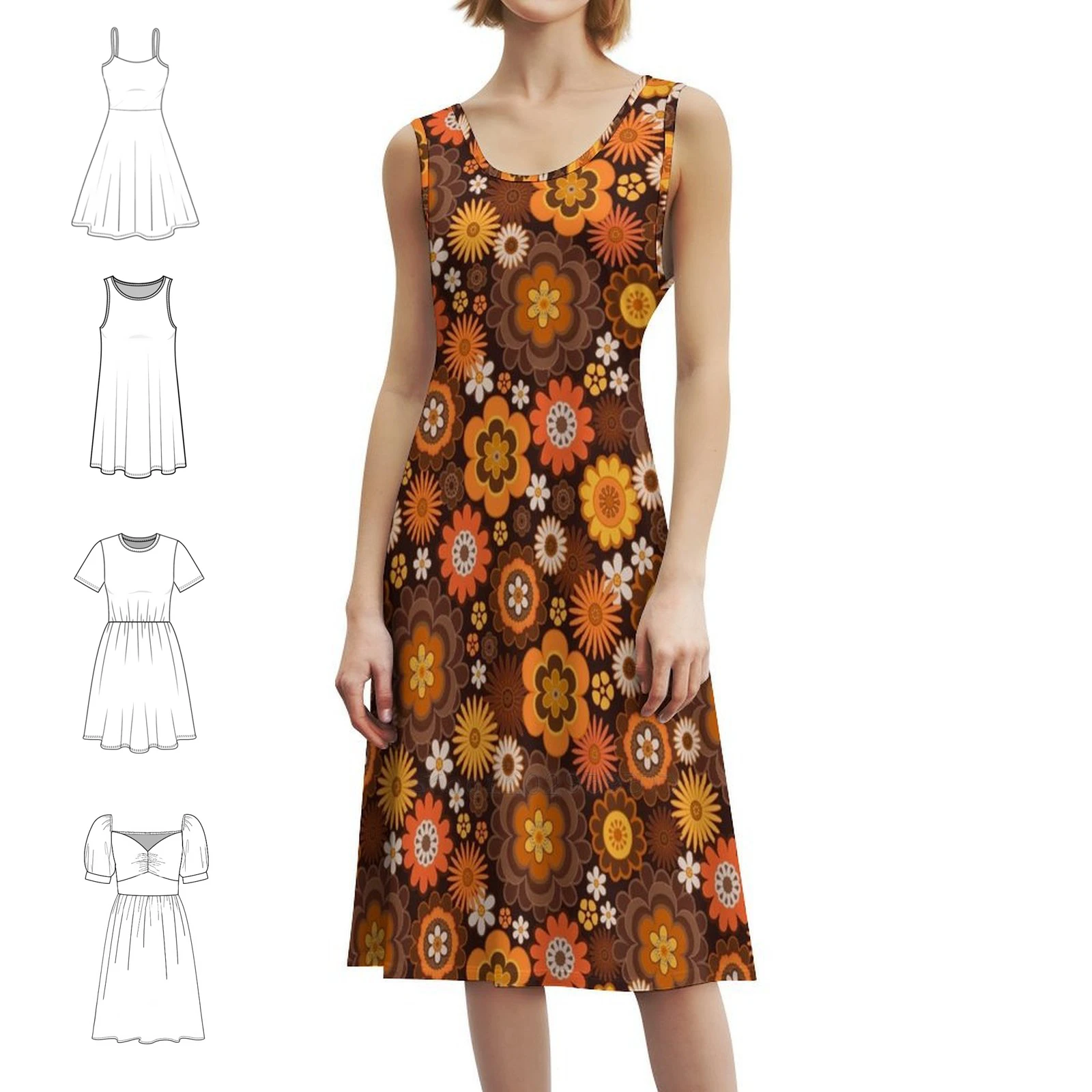 

Винтажное ретро 70-х годов платье с цветочным узором в корейском стиле для женщин Элегантное повседневное платье для вечеринки или повседневной носки по всему узора