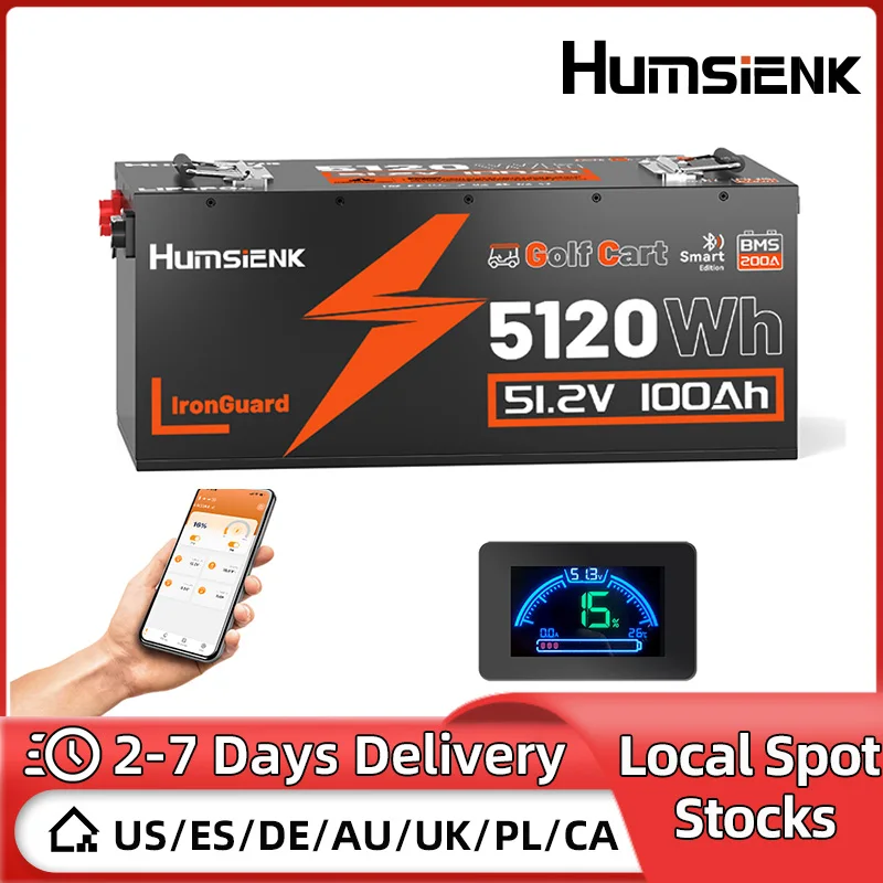

Humsienk LiFePO4 Аккумулятор 48 В 100 Ач Специализируется на тележке для гольфа 200 А BMS 5120 Втч с Bluetooth/цилиндрической структурой/рассеиванием тепла