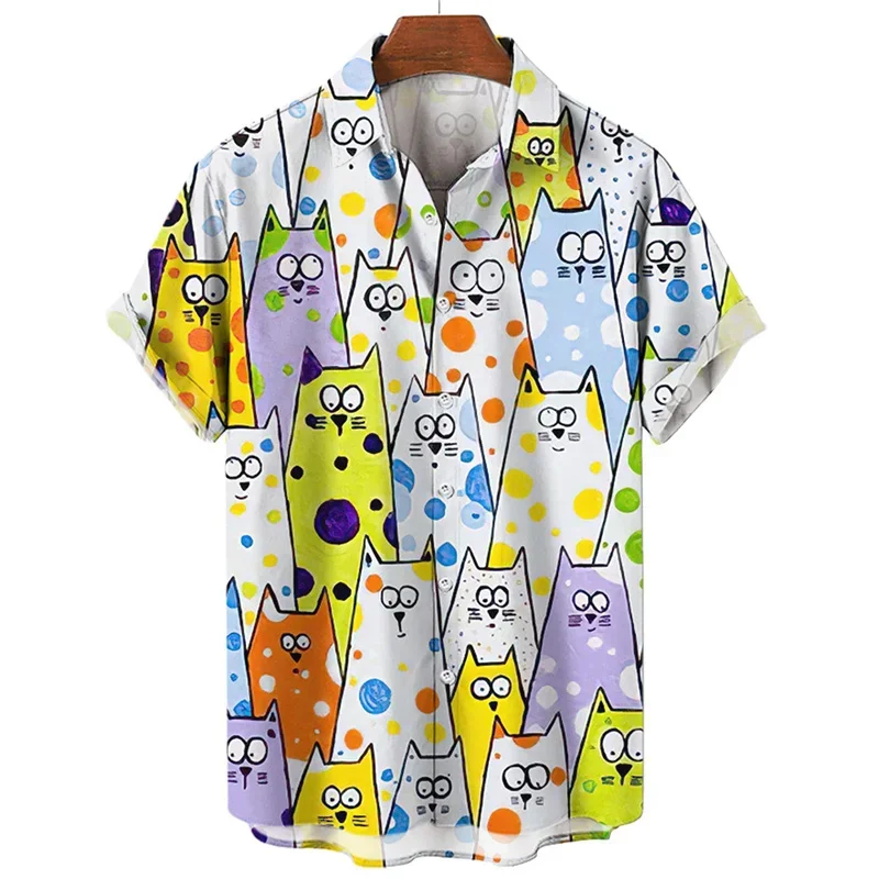 

3D Printed Cartoon Cat Hawaiian Shirt For Men Funny Animal Pattern Blouse Summer Fashion Street Loose Lapel Tops Short Sleeves