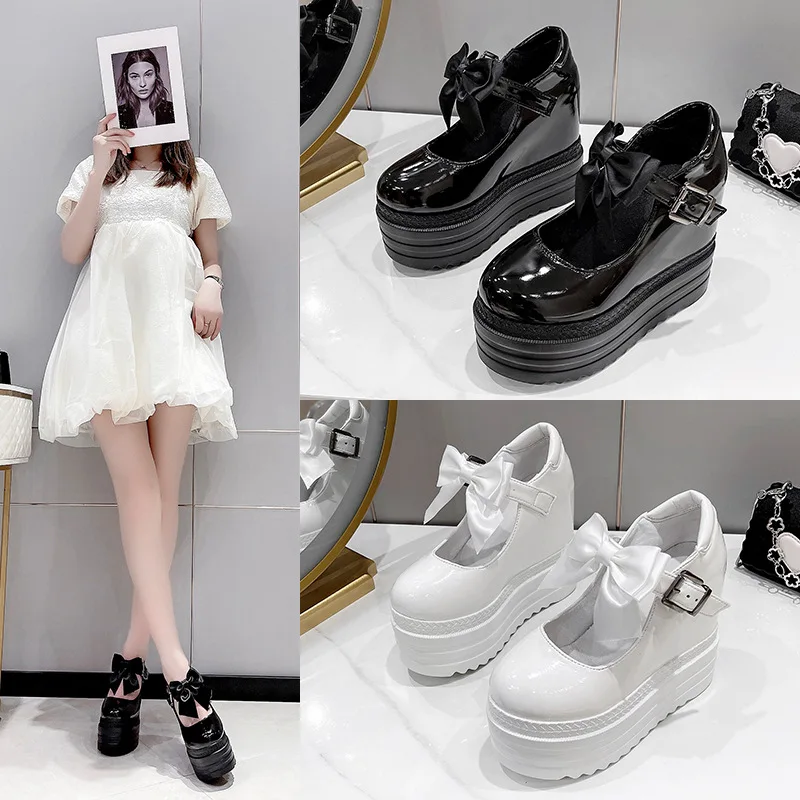 New Increased Height 12cm White Casual Bow Leather Shoes Platform Inner Slope Heel Shoes Thick Base Loafers Women's High Heels