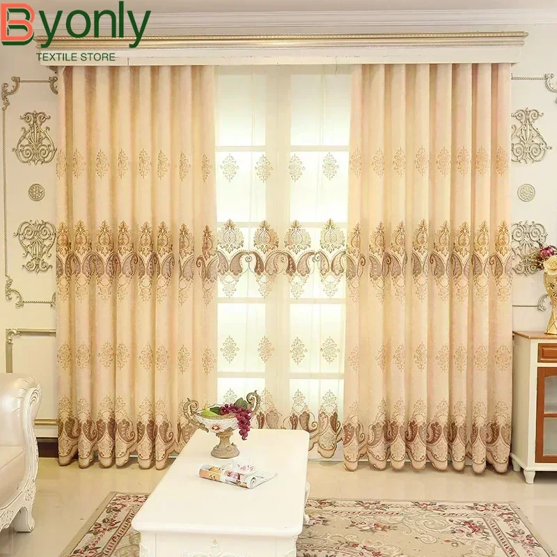 

Chenille European Embroidered Curtain for Living Room Bedroom Luxury French Windows Backdrop Fancy Beige Curtain Valance