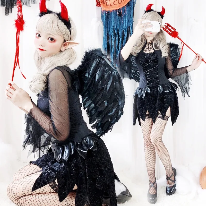 Halloween Costume Adult Female Angel Demon Black Cosplay Witch Vampire Bride Table Performance Costume Waist Cinching Dress