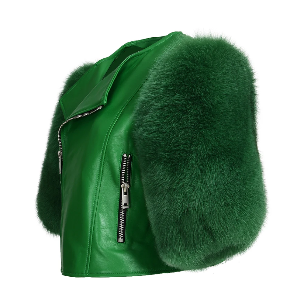 2022 New Design Luxury Spring Autumn Ladies Custom Style Real Fox Fur Sleeves Women 100% Genuine Leather Jacket Motorcycle