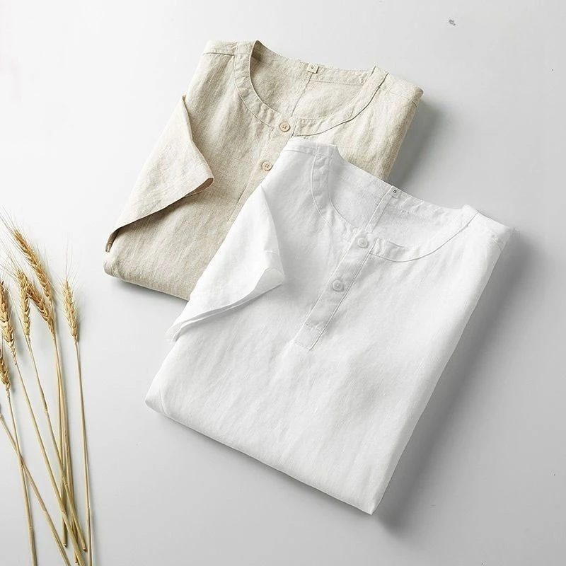 Cotton Linen Men's Casual Shirts Chinese Style Summer Thin Short Sleeved Stand Collar Shirt White Gray Khaki Blue Fit T-shirt