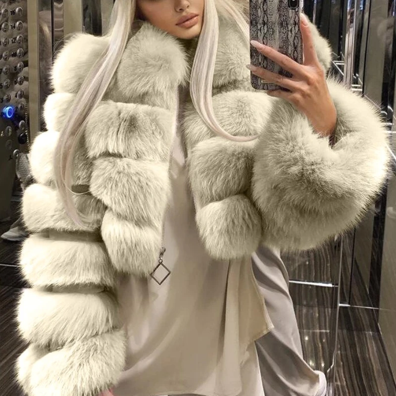 

White Long Faux Fur Coat Women Autumn Winter Large Jacket Overcoat Turn Down Collar Pockets Thick Coat Warm Jackets Maxi Coats